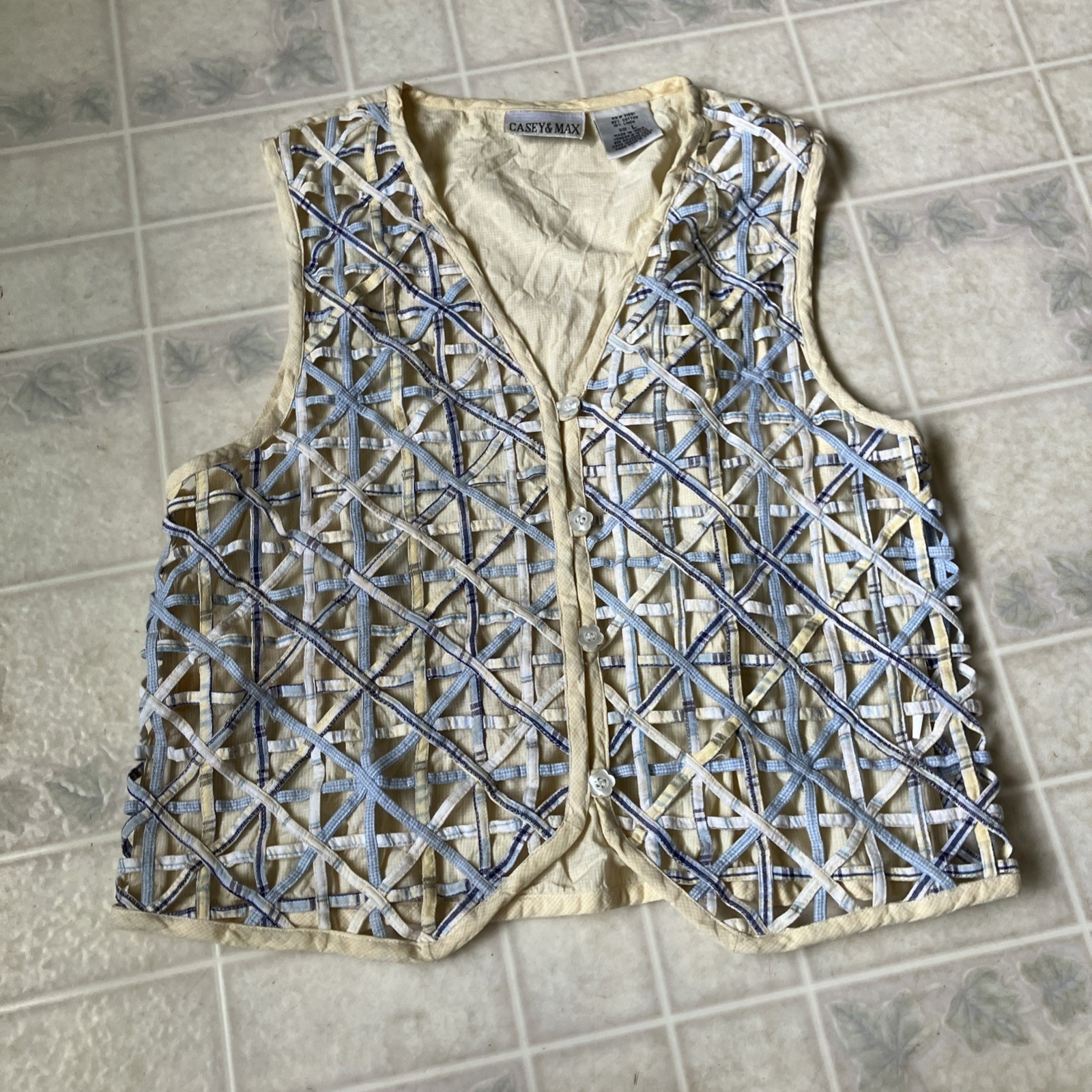 Casey & Max Yellow Blue Woven Lattice Cotton Linen Vest 90's Large Plaid Gingham